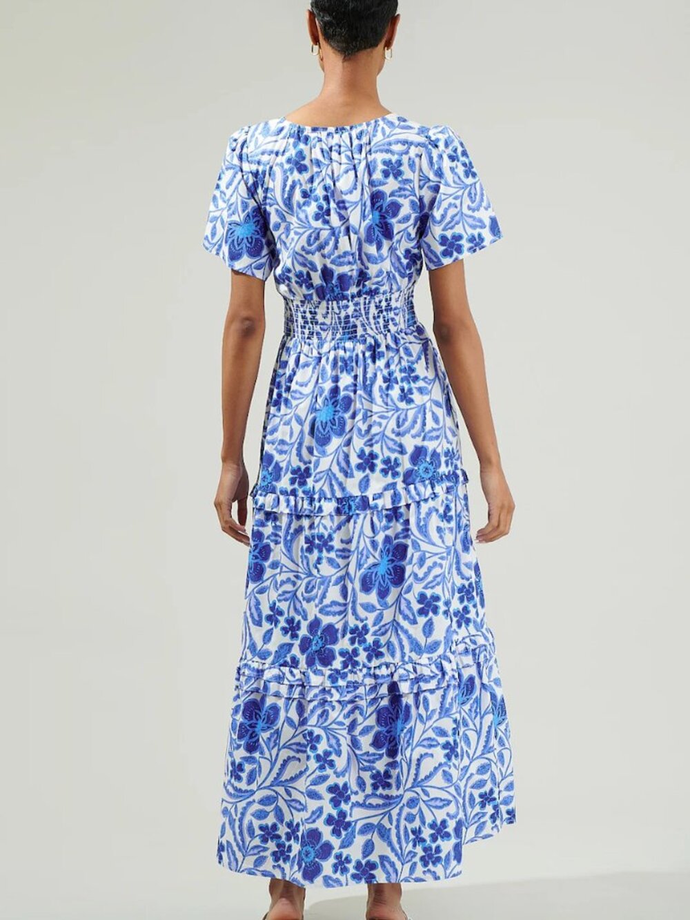 Sugarlips Celeste Floral Palmer Poplin Tiered Maxi Dress - White/Blue Combo - Picture 2 of 4